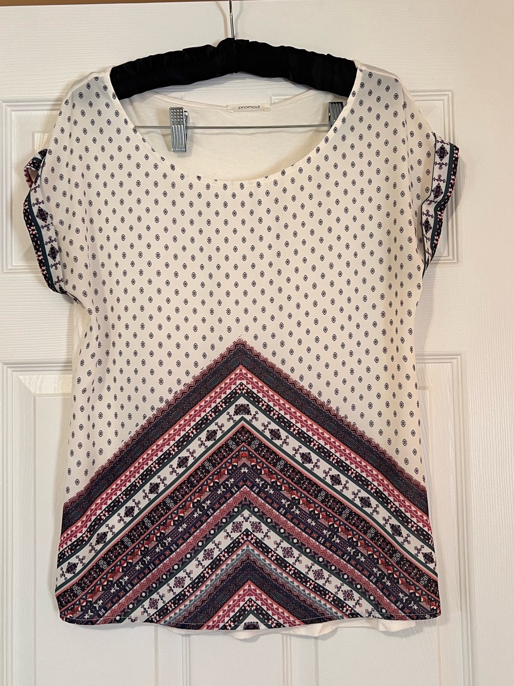 Promod White Blouse with Pink and Blue Chevron Hem